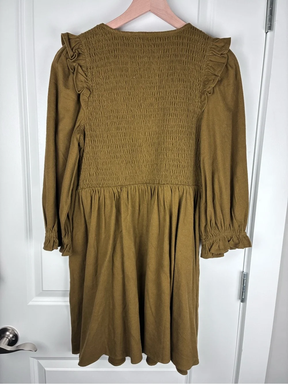 Madewell Flannel Lucie Smocked V-Neck Long Sleeve Mini Dress in Olive Medium